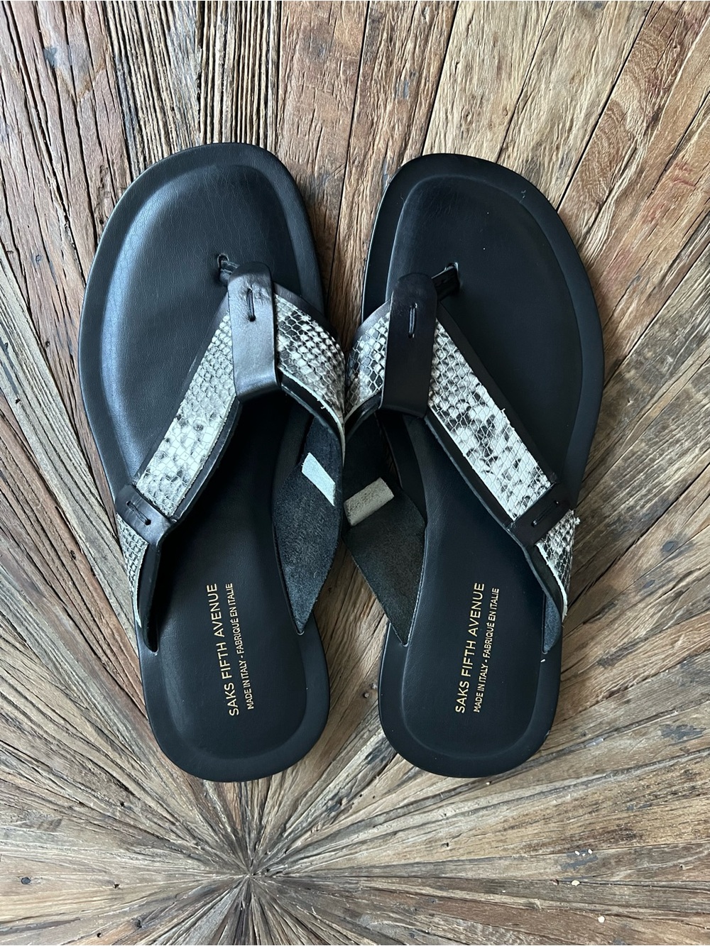 Saks Fifth Avenue Black Sandals with Snake-Print Straps 10M New